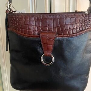 Elegant Black and Brown Leather Shoulder Bag with Crocodile Embossed Trim